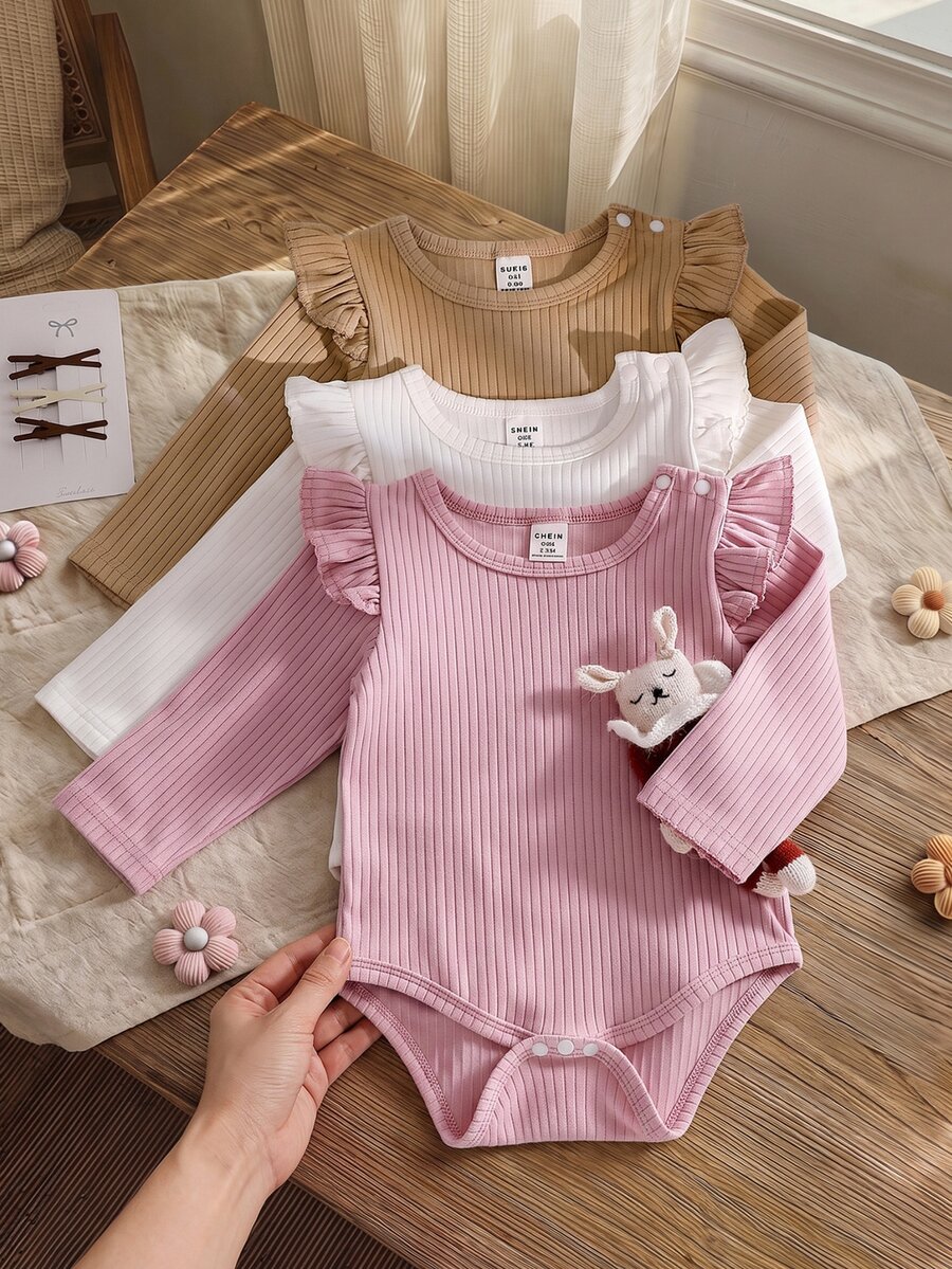 SHEIN 3pcs/Set Baby Girls' Casual Ribbed Basic Shoulder Snap Ruffle Trim Long Sleeve Bodysuits, Autumn/Winter Fall - Multicolor - View 1