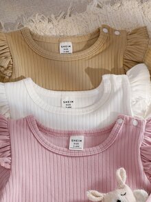 SHEIN 3pcs/Set Baby Girls' Casual Ribbed Basic Shoulder Snap Ruffle Trim Long Sleeve Bodysuits, Autumn/Winter Fall - Multicolor - View 3