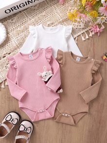 SHEIN 3pcs/Set Baby Girls' Casual Ribbed Basic Shoulder Snap Ruffle Trim Long Sleeve Bodysuits, Autumn/Winter Fall - Multicolor - View 4