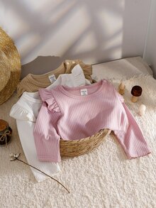 SHEIN 3pcs/Set Baby Girls' Casual Ribbed Basic Shoulder Snap Ruffle Trim Long Sleeve Bodysuits, Autumn/Winter Fall - Multicolor - View 8