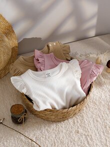 SHEIN 3pcs/Set Baby Girls' Casual Ribbed Basic Shoulder Snap Ruffle Trim Long Sleeve Bodysuits, Autumn/Winter Fall - Multicolor - View 6