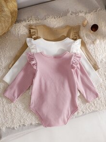 SHEIN 3pcs/Set Baby Girls' Casual Ribbed Basic Shoulder Snap Ruffle Trim Long Sleeve Bodysuits, Autumn/Winter Fall - Multicolor - View 2