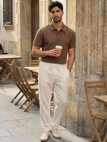 HIMLAND Manfinity VCAY Men's Blue Button-Down Short Sleeve Shirt And White Side Pocket Casual Pants Set Men Casual Top And Bottom Set Men Navy Blue 2 Pieces Se - Multicolor - View 7