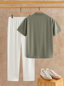 HIMLAND Plus Size Men's Solid Color Short Sleeve Polo Shirt And Pants Set - Multicolor - View 9