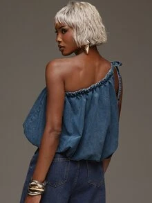 Normani 女款夏季休閒單肩牛仔上衣 - 中等水洗藍 - 查看 3