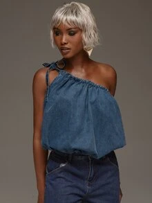 Normani 女款夏季休閒單肩牛仔上衣 - 中等水洗藍 - 查看 6