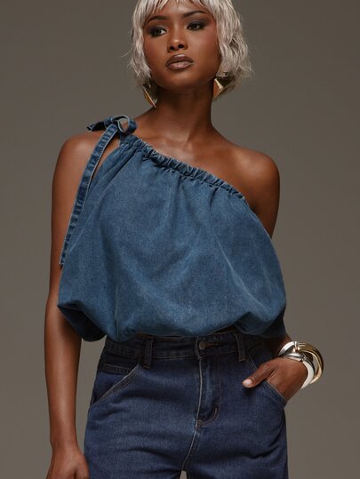Normani Top de mezclilla de un solo hombro casual de verano para mujer