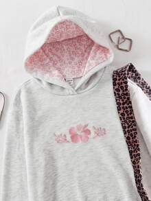 SHEIN Sparklyn 青少年女孩休閒可愛粉色花卉刺繡運動衫，秋季保暖舒適穿搭，日常穿著，長袖寬鬆，返校季 - 灰色 - 查看 1