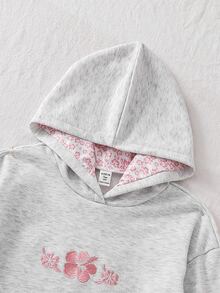 SHEIN Sparklyn 青少年女孩休閒可愛粉色花卉刺繡運動衫，秋季保暖舒適穿搭，日常穿著，長袖寬鬆，返校季 - 灰色 - 查看 4