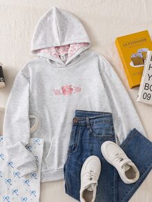SHEIN Sparklyn 青少年女孩休閒可愛粉色花卉刺繡運動衫，秋季保暖舒適穿搭，日常穿著，長袖寬鬆，返校季 - 灰色 - 查看 3