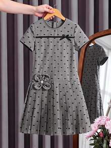 Tween Girls Mini Dress, Cute Elegant Grey Summer Tea Party School Round Neck Short Sleeve With Bow Accent, Black Ribbon Trim, Casual, Graduation - Grey - View 1