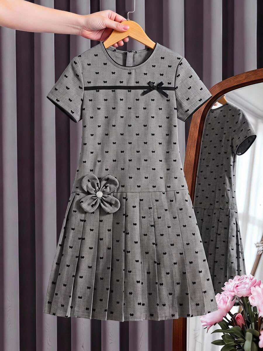 Tween Girls Mini Dress, Cute Elegant Grey Summer Tea Party School Round Neck Short Sleeve With Bow Accent, Black Ribbon Trim, Casual, Graduation - Grey - View 1