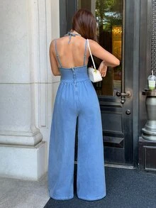 SHEIN PETITE 夏季休閒露背牛仔連身褲 - 淺色水洗藍 - 查看 2