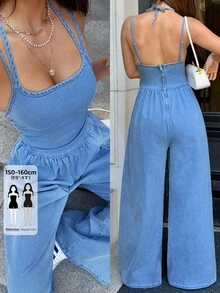 SHEIN PETITE 夏季休閒露背牛仔連身褲 - 淺色水洗藍 - 查看 1
