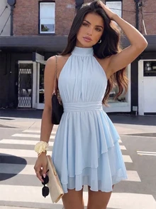 SHEIN PariChic 女款春夏優雅浪漫粉色掛脖抓皺不對稱下擺雪紡收腰短洋裝，適合約會、度假、日常穿著、生日派對、婚禮賓客穿搭，溫柔俏皮 - 淺藍色 - 查看 4