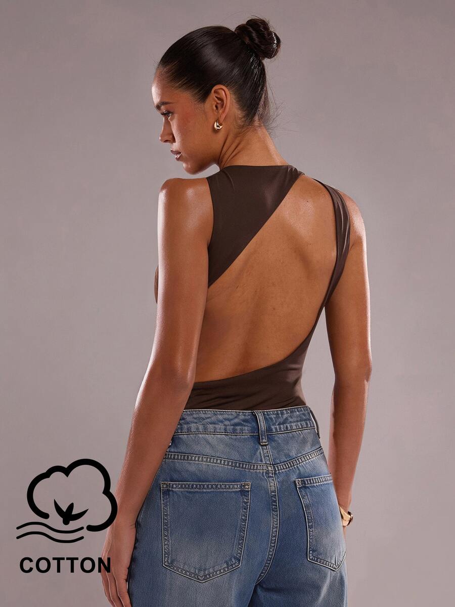 SHEIN BAE 女款純色露背休閒性感百搭連身衣 深棕色 夏季 日常/夜店/海灘/俱樂部適用 - 棕色 - 查看 1