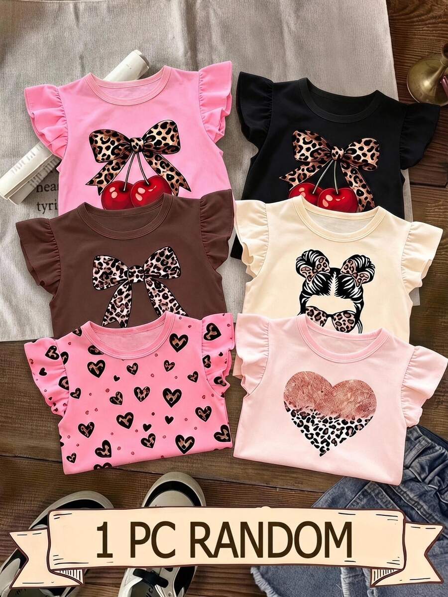 Souflis Souflis 1pc Random, Girls' Summer Sweet Cap Sleeve T-Shirt, Baby Pink Leopard Print Soft Summer Top - Multicolor - View 1