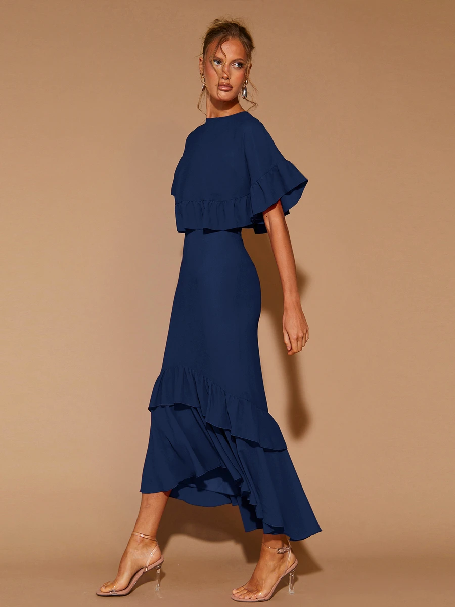 COSMINA Women's Elegant Ruffle Hem Long Sleeve Round Neck Dress, Suitable For Dates, Parties, All Seasons - Navy Blue - View 1