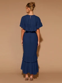 COSMINA Women's Elegant Ruffle Hem Long Sleeve Round Neck Dress, Suitable For Dates, Parties, All Seasons - Navy Blue - View 2