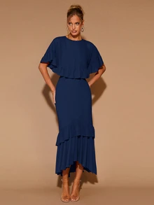 COSMINA Women's Elegant Ruffle Hem Long Sleeve Round Neck Dress, Suitable For Dates, Parties, All Seasons - Navy Blue - View 4
