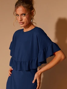 COSMINA Women's Elegant Ruffle Hem Long Sleeve Round Neck Dress, Suitable For Dates, Parties, All Seasons - Navy Blue - View 5