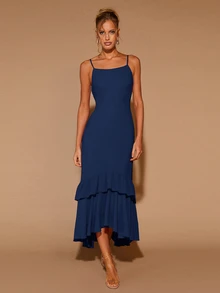 COSMINA Women's Elegant Ruffle Hem Long Sleeve Round Neck Dress, Suitable For Dates, Parties, All Seasons - Navy Blue - View 7