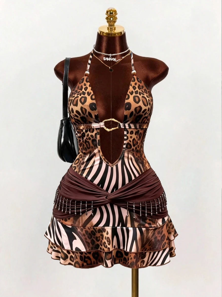INAWLY Solva Women's Elegant V-Neck Spaghetti Strap Leopard Print ...