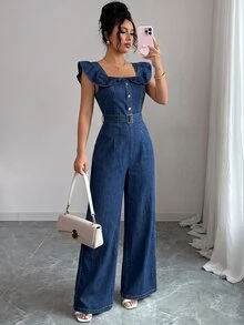 Elenzga Jumpsuit Wanita Terbaru dengan Leher Persegi, Ruffle, Plaket Palsu, Sabuk Pinggang, dan Kancing, Serbaguna untuk Perjalanan Sehari-hari, Memperindah dan Melangsingkan Tubuh, Elegan. - Biru - View 3