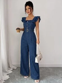 Elenzga Jumpsuit Wanita Terbaru dengan Leher Persegi, Ruffle, Plaket Palsu, Sabuk Pinggang, dan Kancing, Serbaguna untuk Perjalanan Sehari-hari, Memperindah dan Melangsingkan Tubuh, Elegan. - Biru - View 7