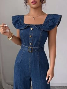 Elenzga Jumpsuit Wanita Terbaru dengan Leher Persegi, Ruffle, Plaket Palsu, Sabuk Pinggang, dan Kancing, Serbaguna untuk Perjalanan Sehari-hari, Memperindah dan Melangsingkan Tubuh, Elegan. - Biru - View 6