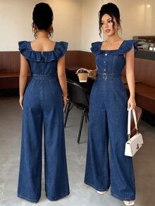Elenzga Jumpsuit Wanita Terbaru dengan Leher Persegi, Ruffle, Plaket Palsu, Sabuk Pinggang, dan Kancing, Serbaguna untuk Perjalanan Sehari-hari, Memperindah dan Melangsingkan Tubuh, Elegan. - Biru - View 1