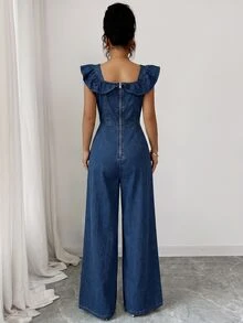 Elenzga Jumpsuit Wanita Terbaru dengan Leher Persegi, Ruffle, Plaket Palsu, Sabuk Pinggang, dan Kancing, Serbaguna untuk Perjalanan Sehari-hari, Memperindah dan Melangsingkan Tubuh, Elegan. - Biru - View 2