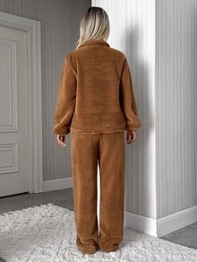SHEIN Minimal Heart Embroidery Half Zip Welsoft Plush Lounge Set - Brown - View 2