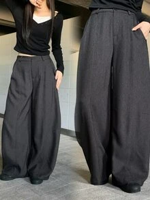 DAZY Solid Color Loose Split Curved Leg Pants Casual Streetwear Vacation Autumn Winter Women's Long Pants - Grey - View 2