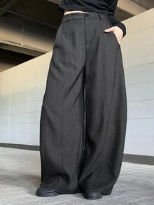DAZY Solid Color Loose Split Curved Leg Pants Casual Streetwear Vacation Autumn Winter Women's Long Pants - Grey - View 3