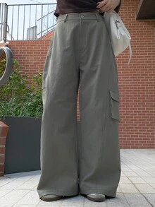 DAZY Solid Color Loose Cargo Pants Casual Streetwear Autumn/Winter Women's Long Pants - Grey - View 2