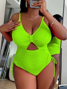 Slaydiva Plus Size Summer Beach Plain Hollow Out Drawstring Side Neon Holiday One-Piece Swimsuit Bathing Suit - Mint Green - View 3