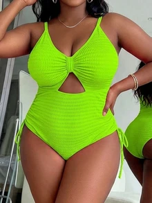 Slaydiva Plus Size Summer Beach Plain Hollow Out Drawstring Side Neon Holiday One-Piece Swimsuit Bathing Suit - Mint Green - View 5