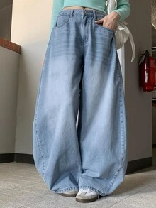 DAZY Celana Jeans Denim Panjang Wanita Model Longgar, Lebar, Berlipit, dan Bertekstur Rusak, Cocok untuk Liburan Musim Semi dan Gugur - Biru - View 5