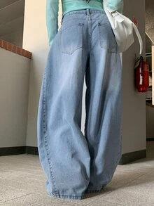 DAZY Celana Jeans Denim Panjang Wanita Model Longgar, Lebar, Berlipit, dan Bertekstur Rusak, Cocok untuk Liburan Musim Semi dan Gugur - Biru - View 2