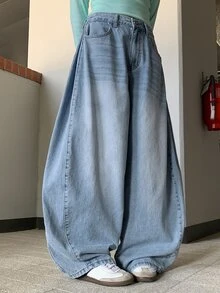 DAZY Celana Jeans Denim Panjang Wanita Model Longgar, Lebar, Berlipit, dan Bertekstur Rusak, Cocok untuk Liburan Musim Semi dan Gugur - Biru - View 6