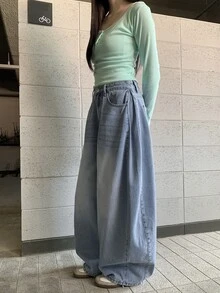 DAZY Celana Jeans Denim Panjang Wanita Model Longgar, Lebar, Berlipit, dan Bertekstur Rusak, Cocok untuk Liburan Musim Semi dan Gugur - Biru - View 7