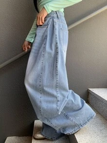 DAZY Celana Jeans Denim Panjang Wanita Model Longgar, Lebar, Berlipit, dan Bertekstur Rusak, Cocok untuk Liburan Musim Semi dan Gugur - Biru - View 3