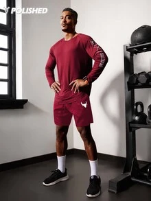 Acti Log Men's Geometric Print Letter Tape Sports Shorts, Gym Clothes Men Shorts, Red Shorts Athletic - Burgundy - View 3