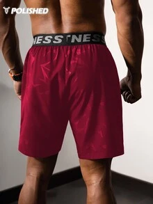 Acti Log Men's Geometric Print Letter Tape Sports Shorts, Gym Clothes Men Shorts, Red Shorts Athletic - Burgundy - View 6