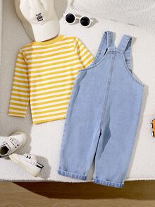 SHEIN Playful Pals 2pcs Todder Baby Boy Cute Cartoon Bear Excavator Patch Striped Shirt & Suspender Pants Set Casual Infant Toddler Tracksuit Outfits For Autumn - Yellow - View 3
