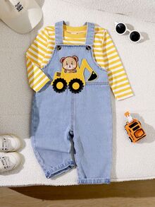 SHEIN Playful Pals 2pcs Todder Baby Boy Cute Cartoon Bear Excavator Patch Striped Shirt & Suspender Pants Set Casual Infant Toddler Tracksuit Outfits For Autumn - Yellow - View 4