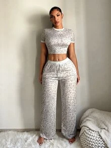 SHEIN SXY 性感休閒白色印花短袖短版T恤與抽繩腰長褲兩件套居家日常夏季套裝 - 彩色 - 查看 8