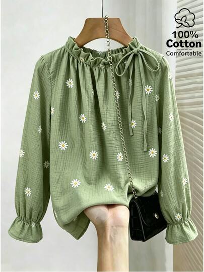 GlowEve CURVE French Vintage Elegant Commuter Casual Fashion Round Neck Ruffle Tie Printed Petal Sleeve Blouse Fall