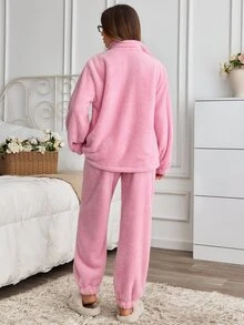 SHEIN Cute Bunny Embroidered Welsoft Plush Lounge Set - Pink - View 2
